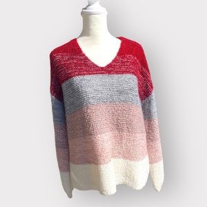NWOT Knox Rose Chunky Knit Striped V-Neck Sweater Medium Red Rose Pink